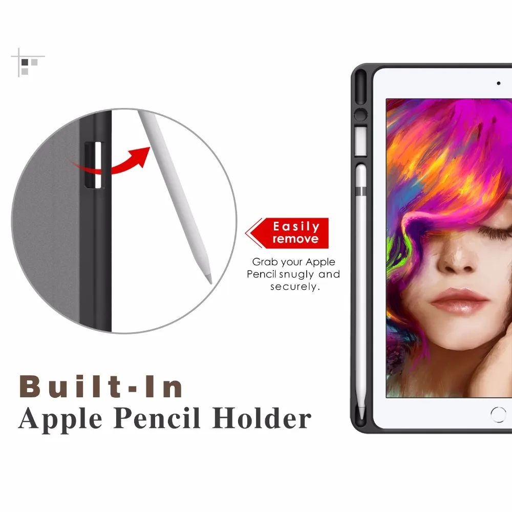 Чехол для iPad 9.7 2018 с держателем для Apple Pencil - тонкий легкий умный защитный чехол со стендом и функцией автоматического включения/выключения.