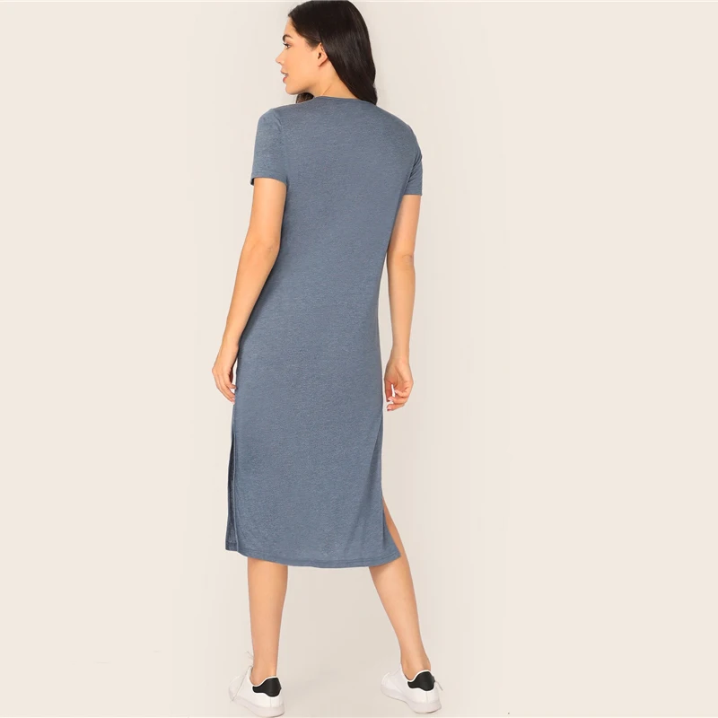 SweatyRocks Solid Split Side Tee Dress Summer Streetwear Blue Dresses Women Casual Short Sleeve Long Dress
