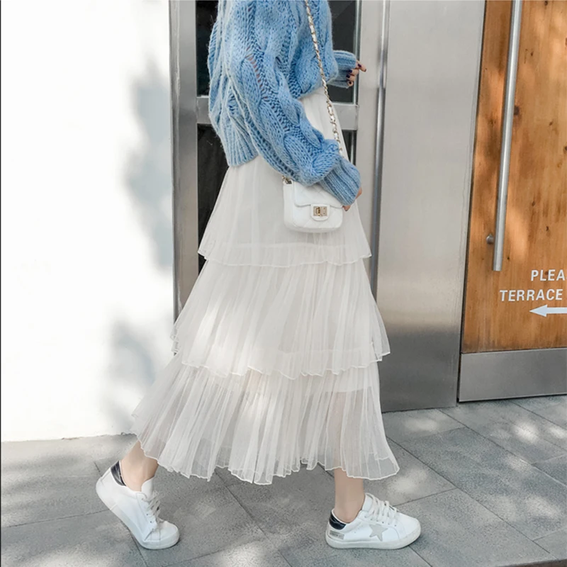 

2019 Summer New Sweet Cake Layered Long Mesh High Waist Ruffled Vintage Tiered Tulle Pleated Princess Skirts