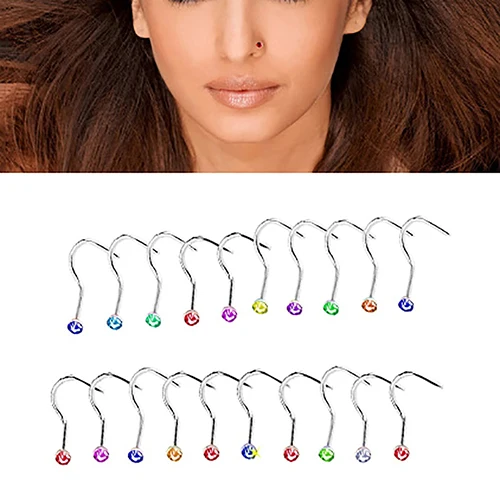 New Arrival 20Pcs Mixed Color Body Piercing Stainless Steel Rhinestone Nose Ring Bone Stud |