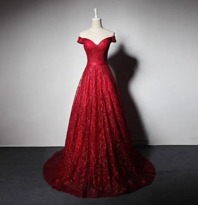 wine red Винтаж Лодка шеи длинным вечернее платье блестящее Короткие рукава с крылышками элегантный маленький поезд вина красные платья для выпускного Новые - Цвет: wine red