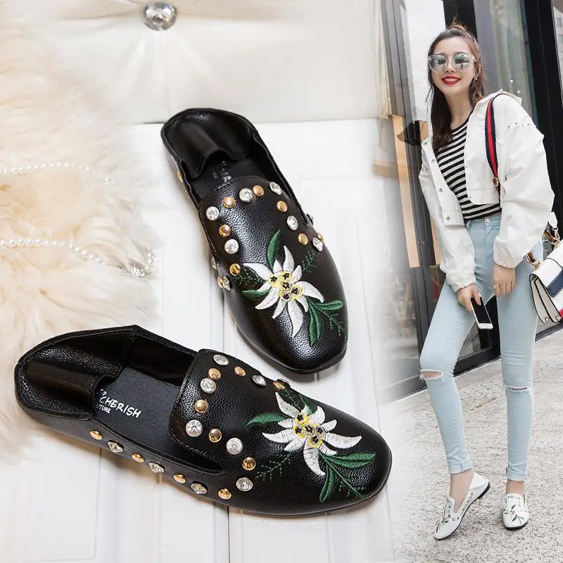 Vintage Embroidered Women Flats Flower Slip On Pu Leather Comfortable Old Peking Ballerina Flat Shoes Sapato Feminino | Обувь