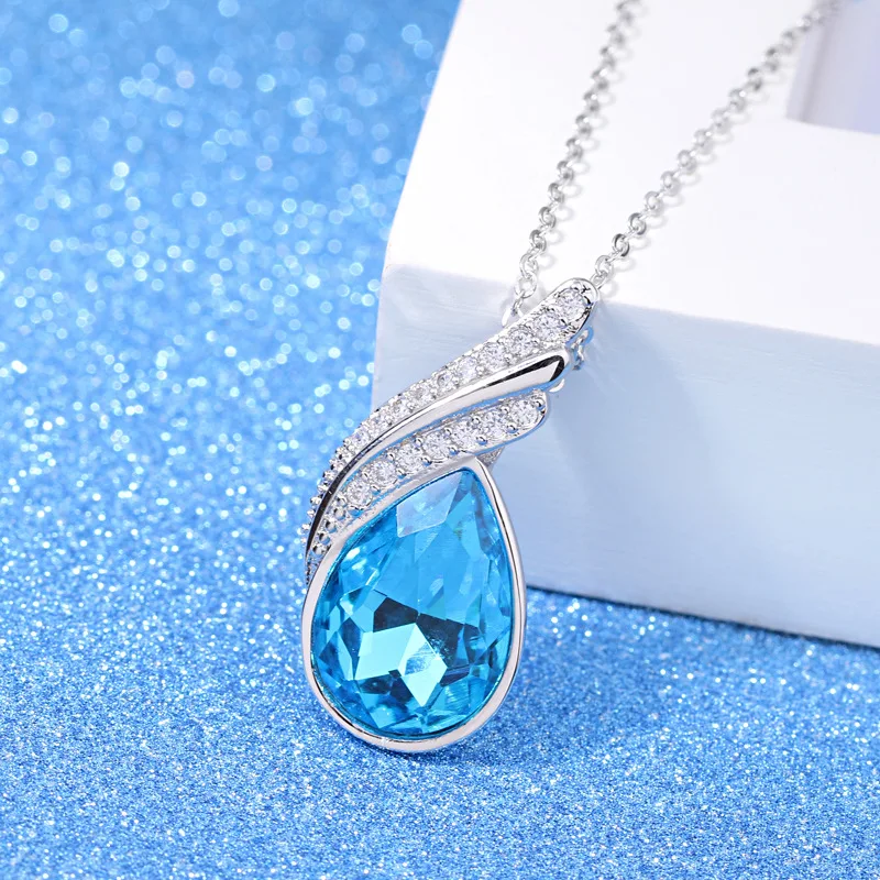 Женское ожерелье из серебра 100% пробы с синими кристаллами в форме капли воды| |