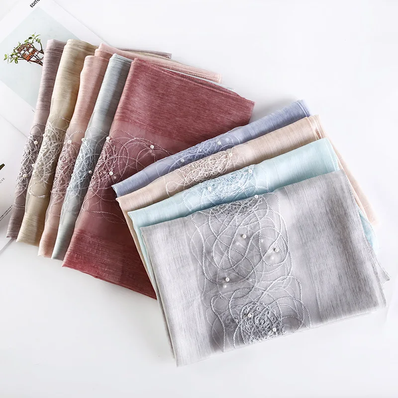 Luxury Brand Women Scarf High Quality Silk Scarves Shawl Lady Soft Wool Pashmina Elegant Embroidery Pearl Scarf Wrap Winter