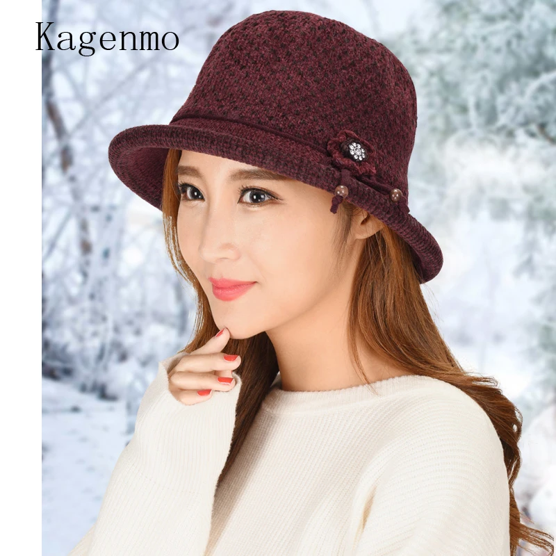 Kagenmo Mother's Bucket Hat Winter Outdoor Keep Warm Female Fishing Cap Knitting Wool Women Winter Bucket Cap Short Brim Topper