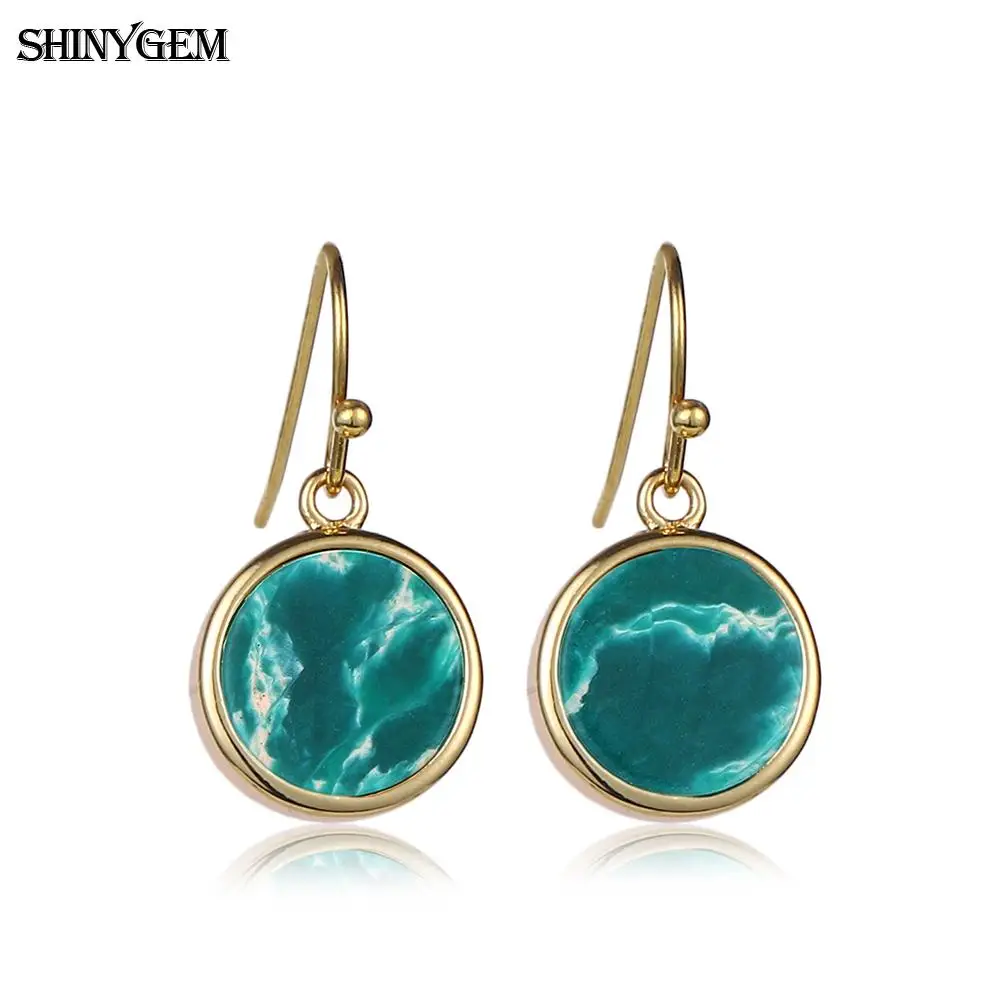 

ShinyGem 10mm Round Genuine Natural Sea Sediment Jaspers Drop Earrings Gold Plating Personalize Stone For Women