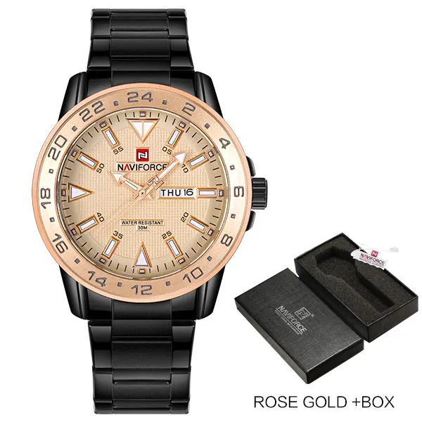 rose-goldbox Новое поступление, кварцевые часы бренда NAVIFORCE, мужские спортивные часы из нержавеющей стали, водонепроницаемые наручные часы с автоматическим календарем, подарочные часы - Цвет: rose-goldbox
