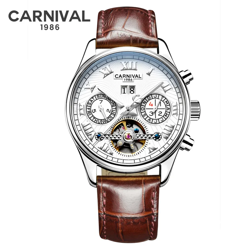 Brown Leather Silver Карнавал Скелет автоматические часы для мужчин сапфировое стекло светящийся указатель люксовый бренд Tourbillon механические часы - Цвет: Brown Leather Silver