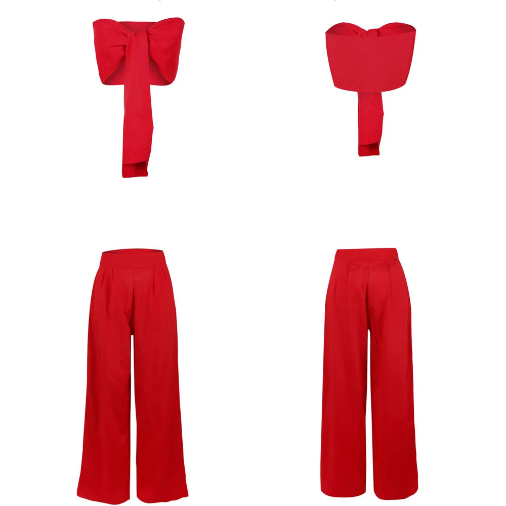 

Loose High Waist Wide Leg Pants Bandage Lace Up Sleeveless Off Shoulder Strapless Wrap Crop Top Two Piece Set For Women's Suits
