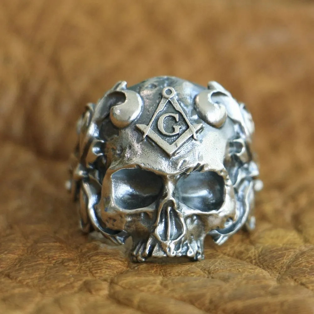 

LINSION 925 Sterling Silver Masonic Skull Ring Mens Biker Punk Ring TA116 US Size 7~15