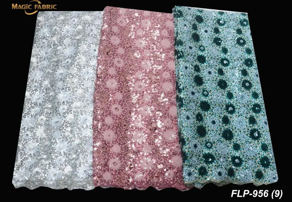 

2019 High Quality Sequins African Nigeria Lace Fabric High Quality Sequins French Tulle Lace Fabric For Wedding Party FLP-956