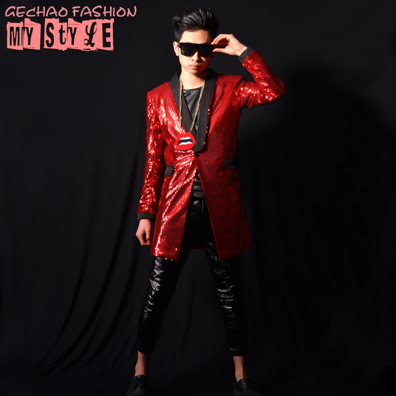 

M-6XL!!Nightclub bar male singer DSDJ Quan Zhilong GD red sequins long suit bar costume costume accessories.