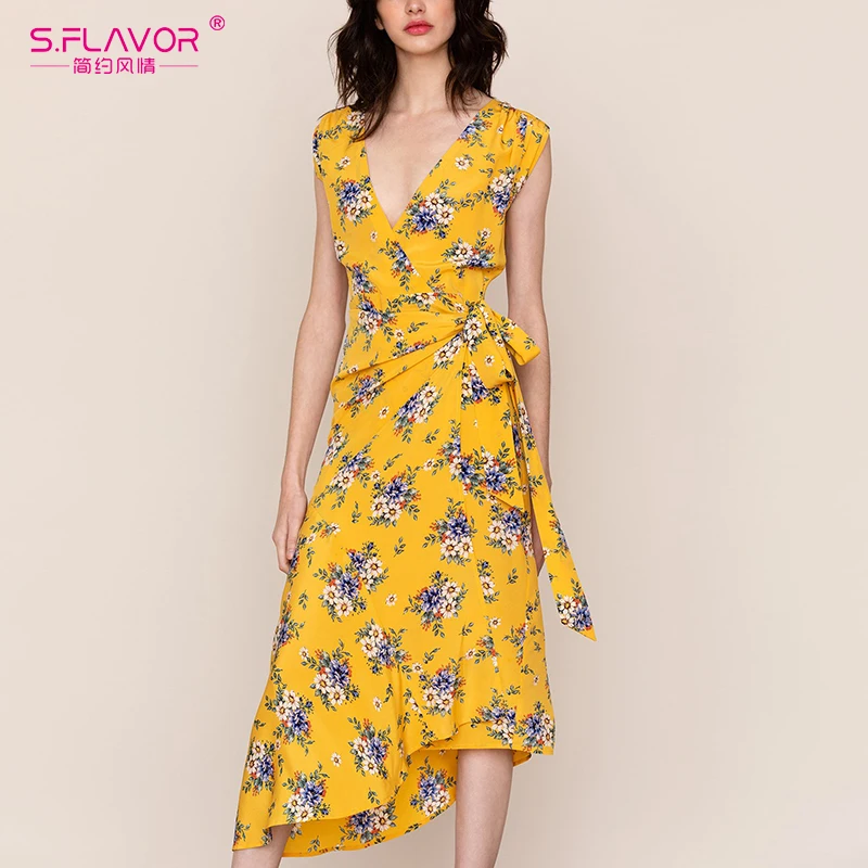 S.FLAVOR Women V neck printing long vestidos good quality Casual Spring Summer dress 2020 Popular sleeveless Sexy Printing Dress|Женские