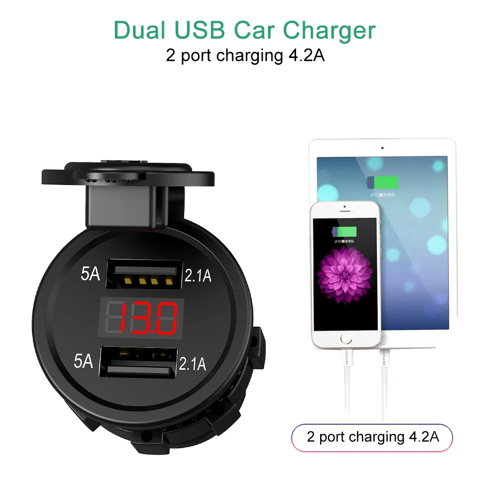 Зарядное устройство с двумя USB портами для прикуривателя мотоцикла автомобиля