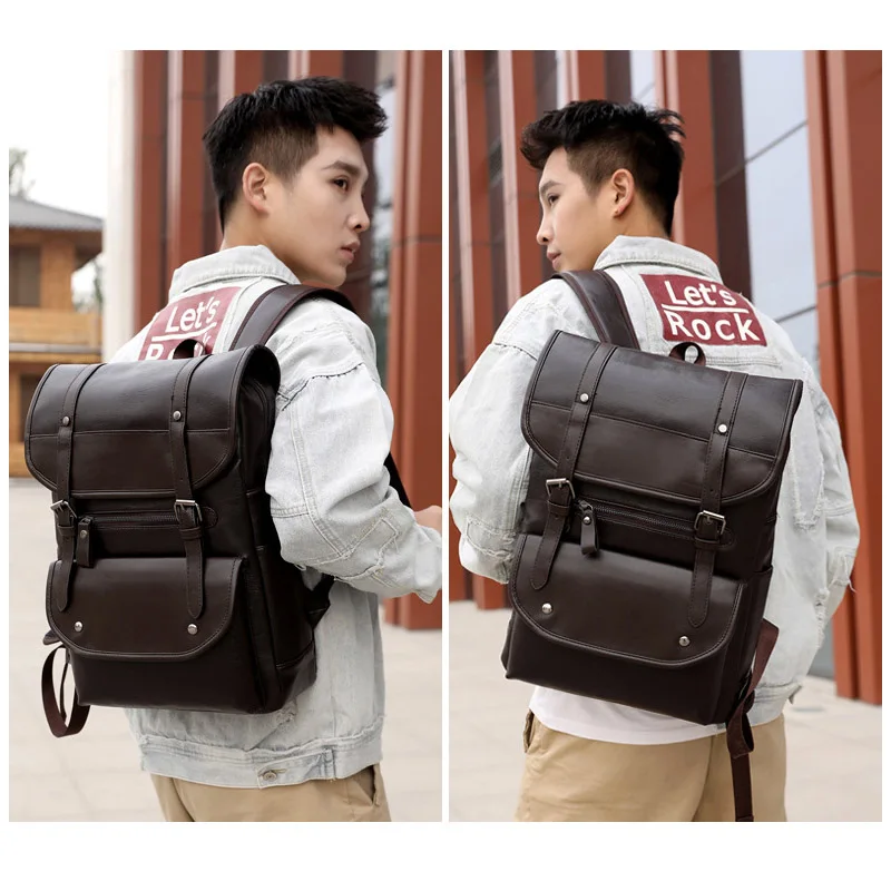 Мужской рюкзак из искусственной кожи для ноутбука черный коричневый винтажный