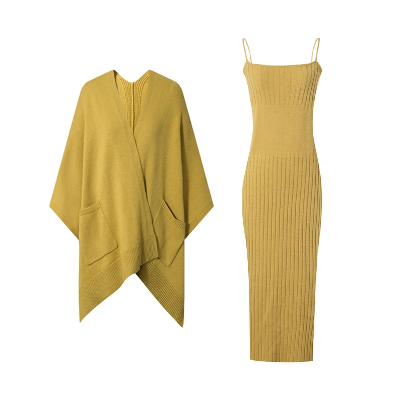 2019 Winter Knit Suit Set Bat Sleeve Women 2-pieces Dress Single Long Sleeved Cardigan+Bodycon Knitted |