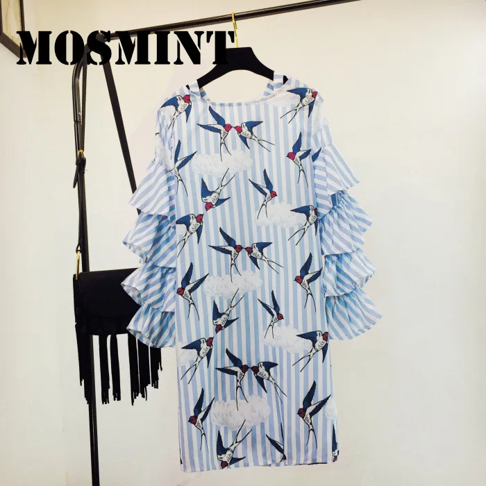 MOSMINT Swallow Birds Ruffles Flare Sleeve Stripes Short Dress Women 2017 Autumn Vintage Fashion Loose Mini Female Tops | Женская одежда