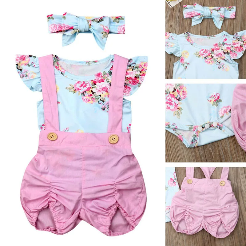 Lovely Girls Floral Romper Overalls Short Sleeve Top+Pink Overalls+Headband 3Pcs Set Cute Outfits New |