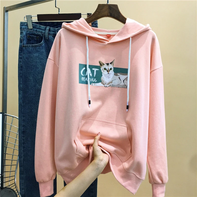 

Women's New Spring Thin Sweatshirts Korean Drop Shoulder Casual Cat Print Hooded Pullovers Student Harajuku Cute Loose Hoodies