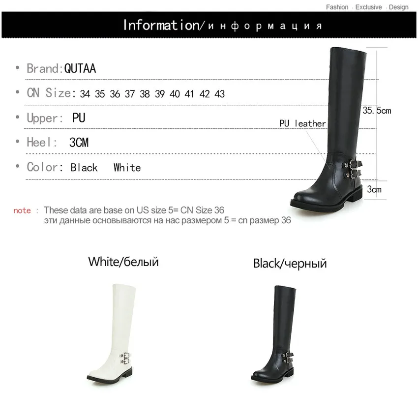 

QUTAA 2020 Square Heel Women Knee High Boots Platform Pu All Match Black Winter Boots Women Motorcycle Boots Big Size 34-43
