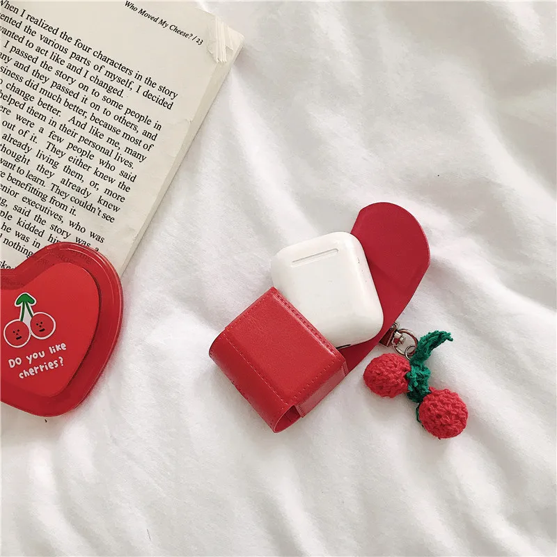 Брелок Вишня Кожаный чехол для Apple Airpods защитный Bluetooth беспроводные наушники AirPods