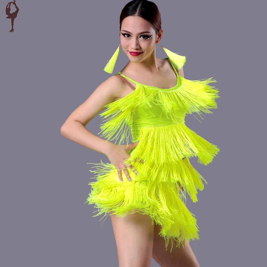 

2019 New Latin Dance Costumes For Women Top&Skirt Stage Sexy Dress Yellow/Black Cha Cha/Rumba/Samba/Paso Doble Tassels Dance