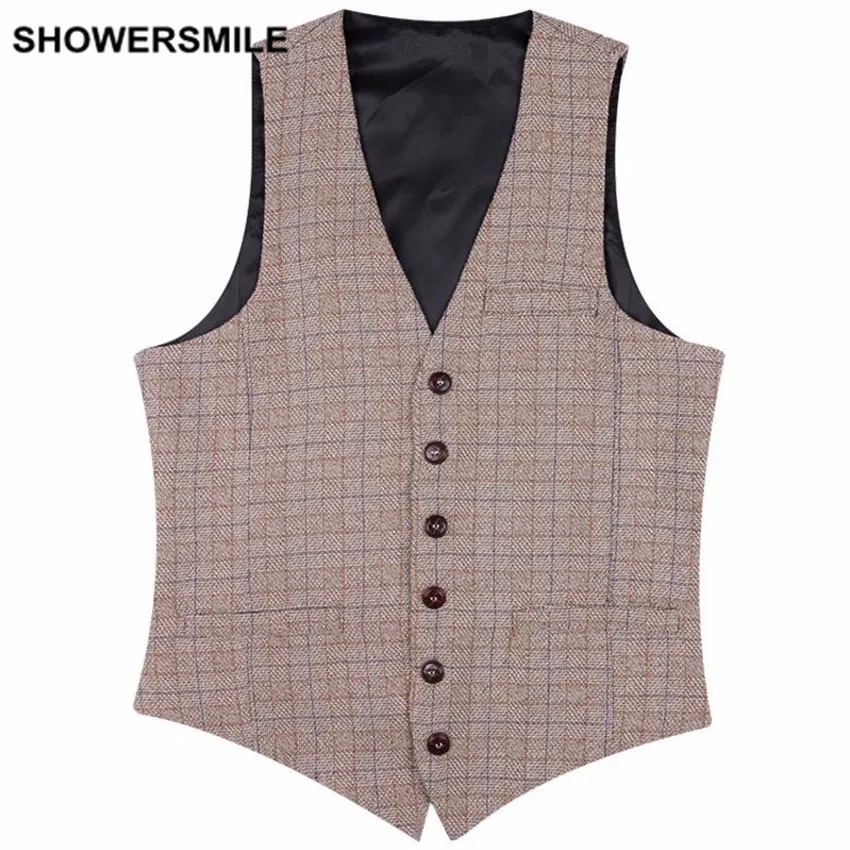 SHOWERSMILE клетчатый костюм жилет Мужская куртка без рукавов жилет классический твид Британский Стиль Slim Fit Зима Осень размера плюс жилет