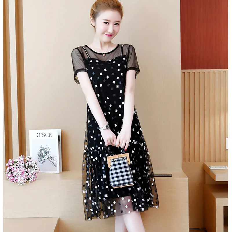 Summer printing women's clothing Sexy mesh stitching dresses Elegant slim plus size dress female 2019 | Женская одежда