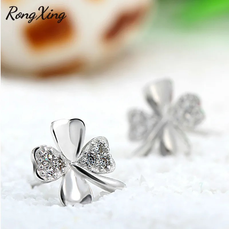 RongXing счастливый CZ кристалл четыре листа клевера шпильки Серьги brincos женские