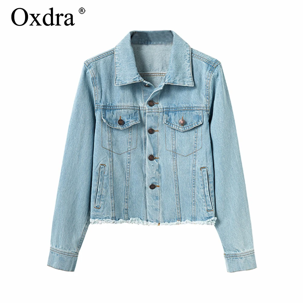 Oxdra женская джинсовая куртка одежда потертая пуговица карманы Тонкий хлопок