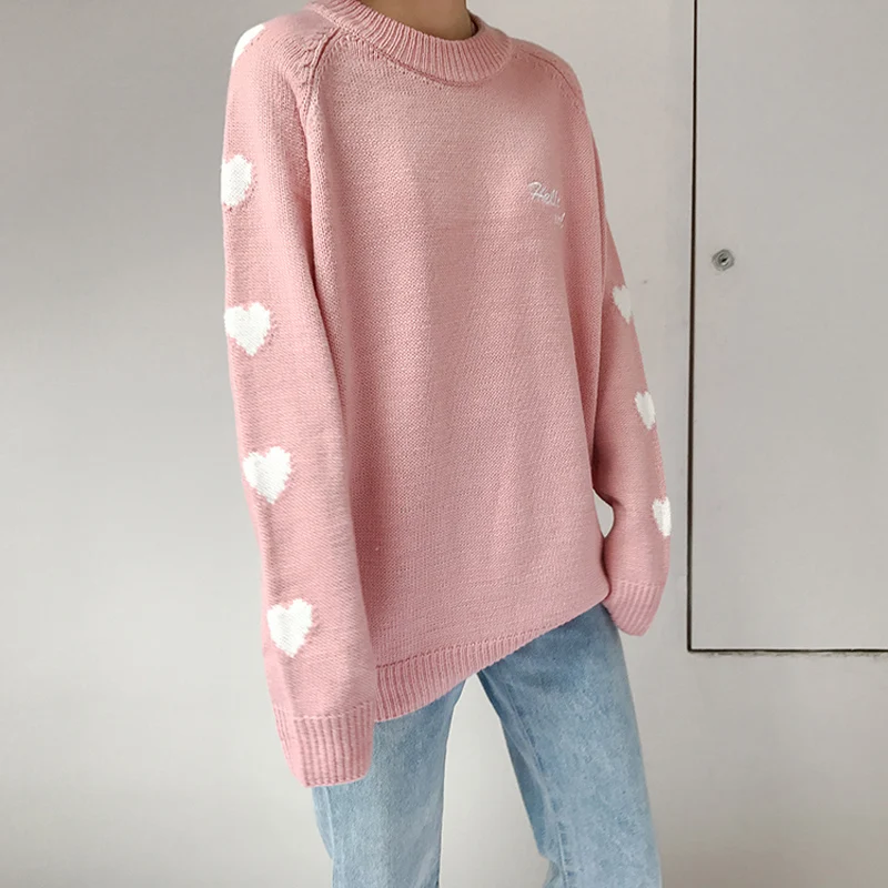Winter women college warm thick casual loose student cute Heart letter embroidery round neck Long sleeve knitted Hedging sweater | Женская