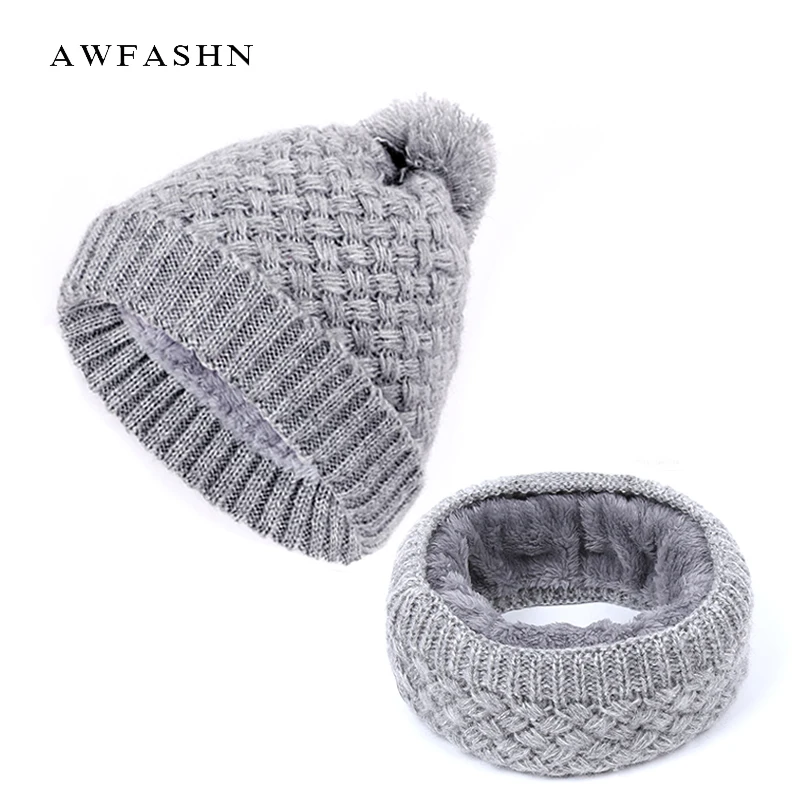 Лидер продаж 2018 однотонная Шерстяная Вязаная Шапка-бини шарф комплект из 2