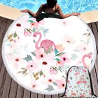 Летнее круглое пляжное одеяло фламинго, настенный гобелен для побережья, спортивный коврик для йоги с кисточками и рюкзаком на шнурке