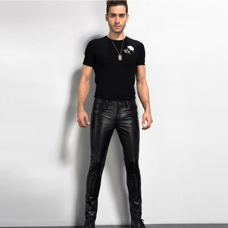 Кожаные Байкерские брюки для мужчин облегающие готические гладкие Блестящие