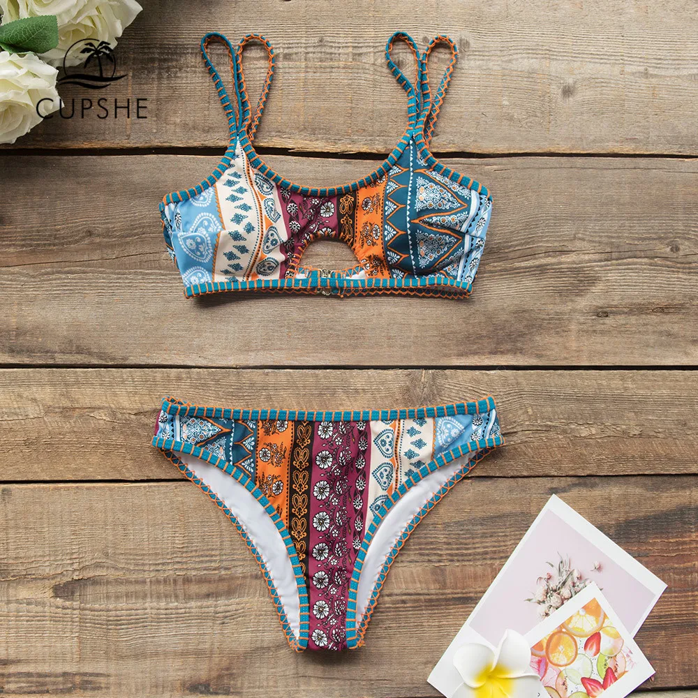CUPSHE, Boho, с принтом, без косточек, бикини, наборы, сексуальный, с вырезами, вязанный крючком, низкая посадка, купальник из двух частей, женский,, пляжный купальник