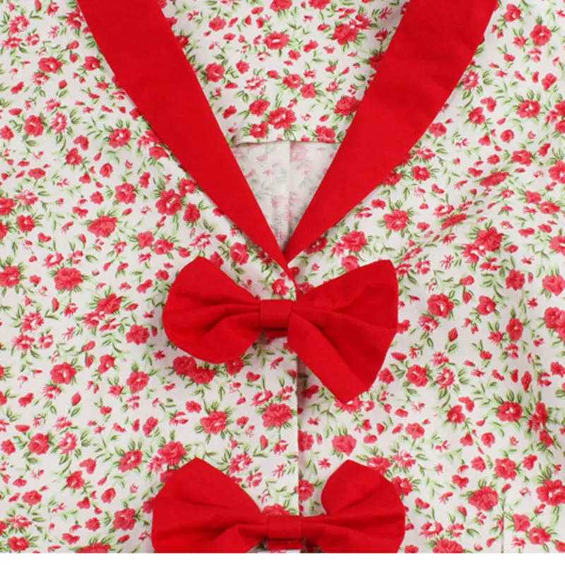 [JAVERS] 50 s Старинные Маленький Цветочный Принт Лук-узел Плиссированные Красное