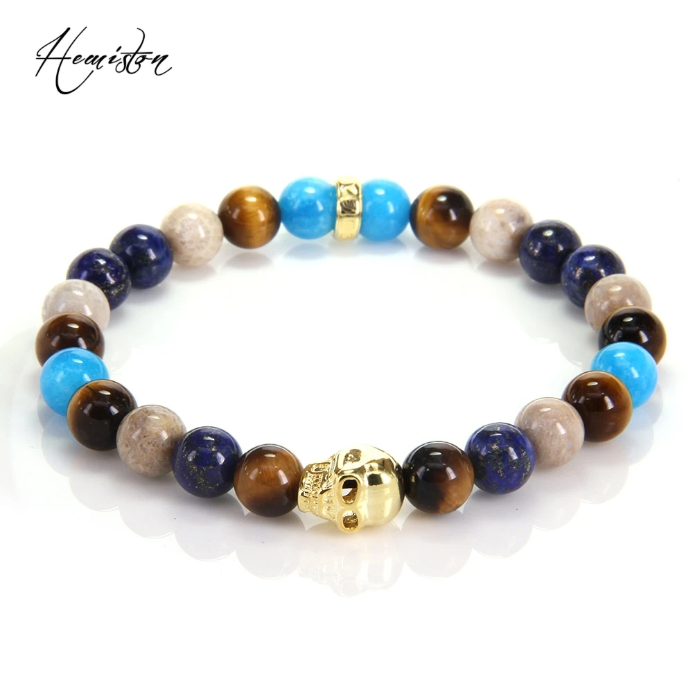 Томас красочный Материал смешивания с камня и золотой браслет черепом из бисера