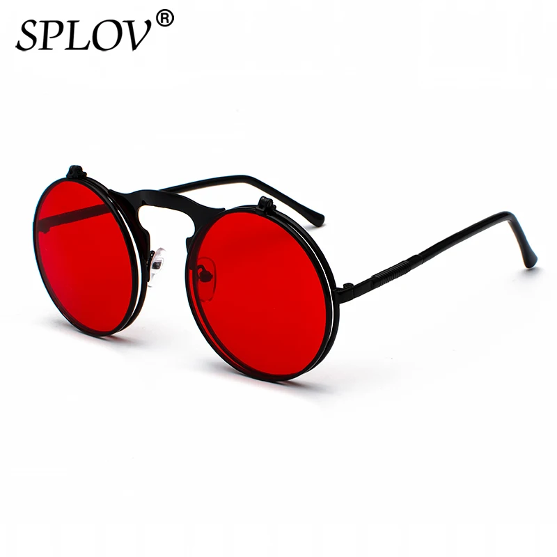 C11BlackRed SPLOV, Ретро стиль, стимпанк, флип, солнцезащитные очки, Ретро стиль, круглая металлическая оправа, солнцезащитные очки для мужчин и женщин, фирменный дизайн, круглые очки Oculos - Цвет линз: C11BlackRed