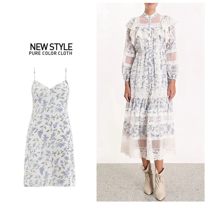 ZIM Designer Runway Summer Dress Women 2019 Lace Patchwork Flower Printed Dresses Stand Neck Puff Sleeve Two Pieces Set | Женская одежда