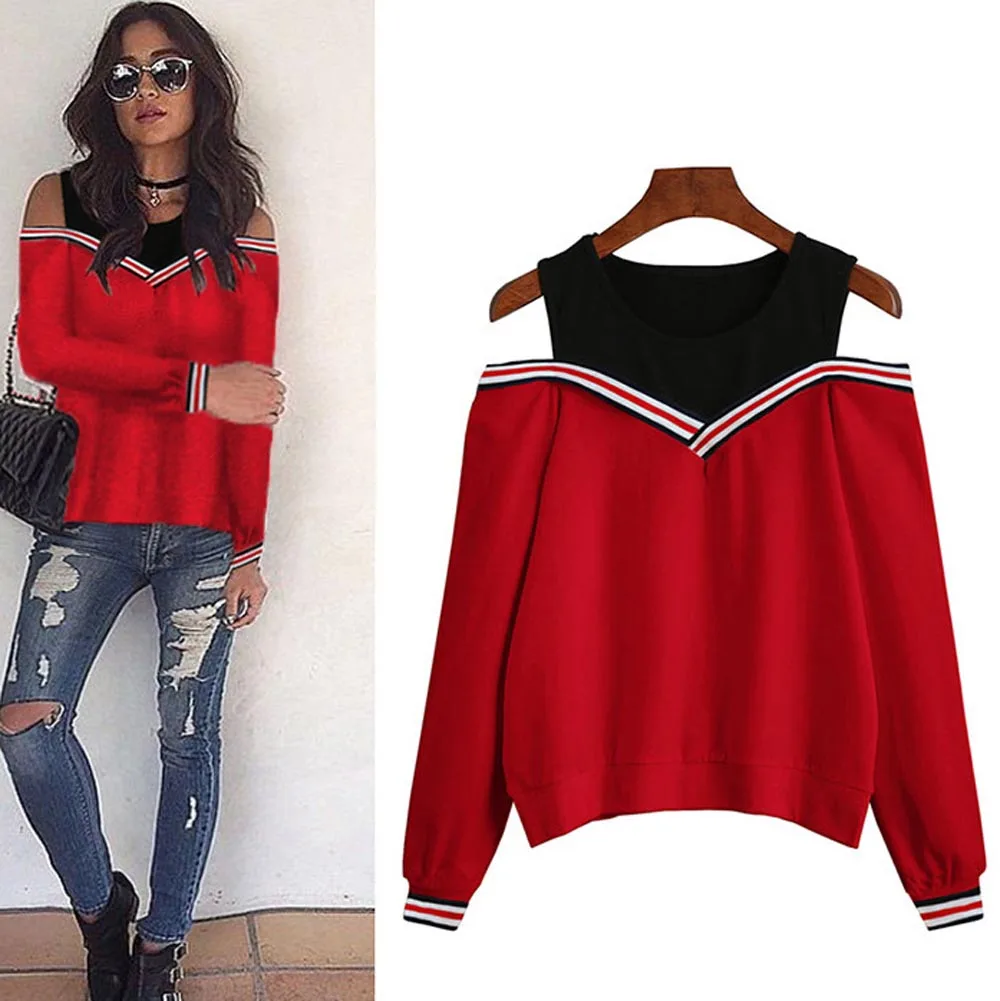 Hitmebox 2019 New Autumn Winter Women Fashion Sexy Off Cold Shoulder Pullover Tops Laides Color Block Hooded Sweatshirts 3colors | Женская