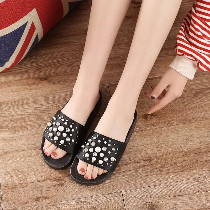 Для женщин Crystal бисера Перл тапочки летние шлепанцы пляжная обувь женские