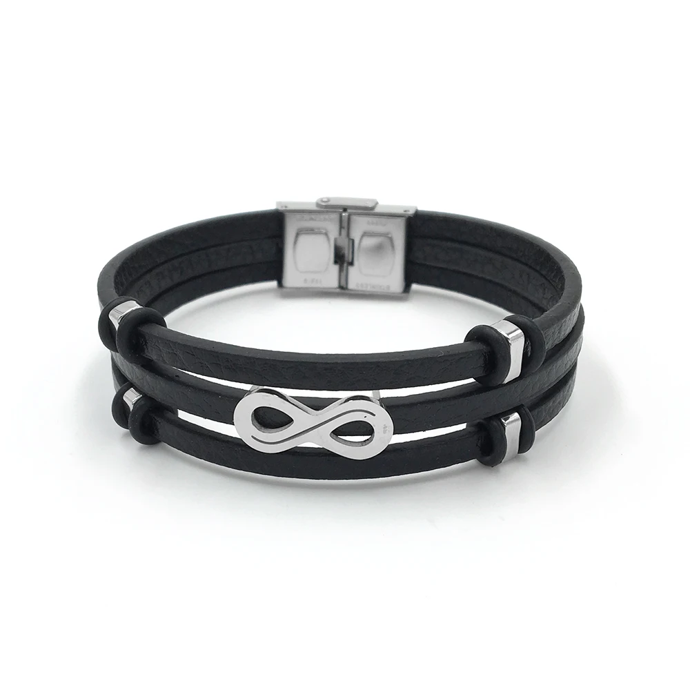 Мужские кожаные браслеты Infinity Shape модные из нержавеющей стали аксессуары для