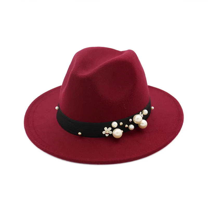 wine red Высокое качество Весна Зима жемчуг черная полоса Джаз Fedora шапки женские шерстяные Мягкая мужская фетровая шляпа формальная Вечеринка Панама топ шапки GH-460 - Цвет: wine red