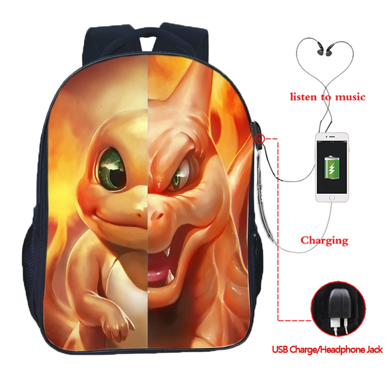 4 Pokemon USB зарядка Рюкзак Мега Чаризард Сплит студентов мальчиков девочек ранец мужчин женщин Путешествия Рюкзак Для Ноутбука - Цвет: 4