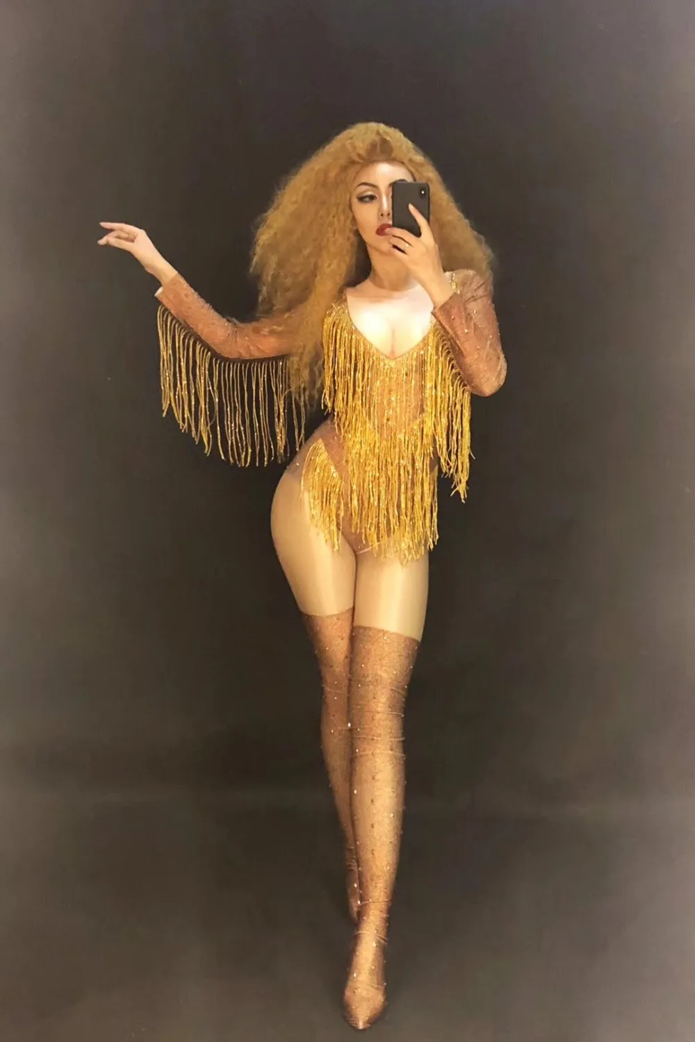 

Women New Gold Tassel Sexy Female Bodysuit Dancer Costume Nightclub Bar Show Performance Star Leotard Birthday Party Jumpsuit