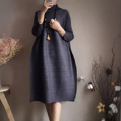 Iron gray Changpleat весеннее женское платье с высоким воротом Miyak Плиссированное модное дизайнерское одноцветное свободное женское платье большого размера длиной до колена - Цвет: Iron gray