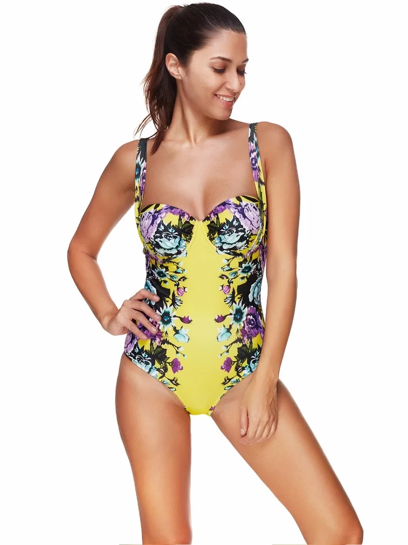 Для женщин бикини один кусок купальники желтый принт Солнечный спинки цветочные