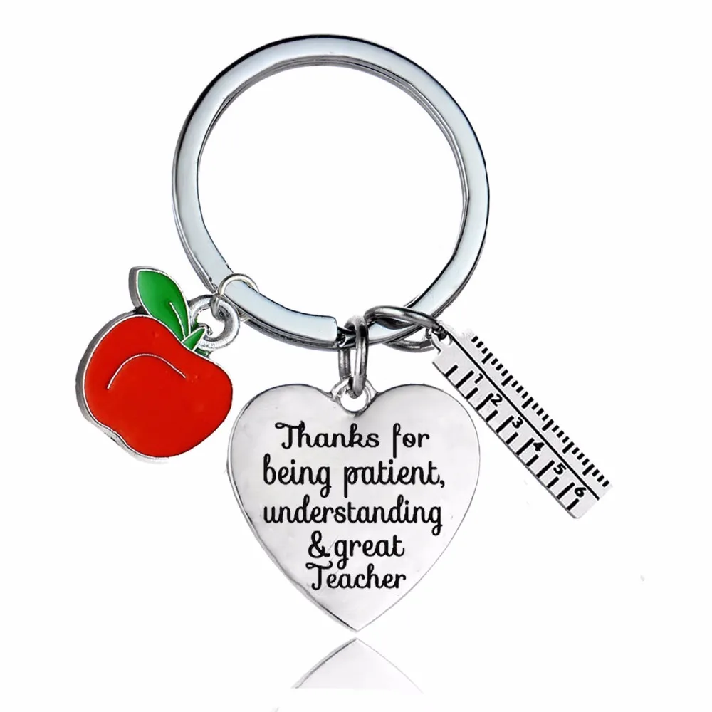 

12PC/Lot Thank You For Being Patient Understanding & Great Teacher Keychain Ruler Apple Love Heart Charm Teachers Keyring Gifts