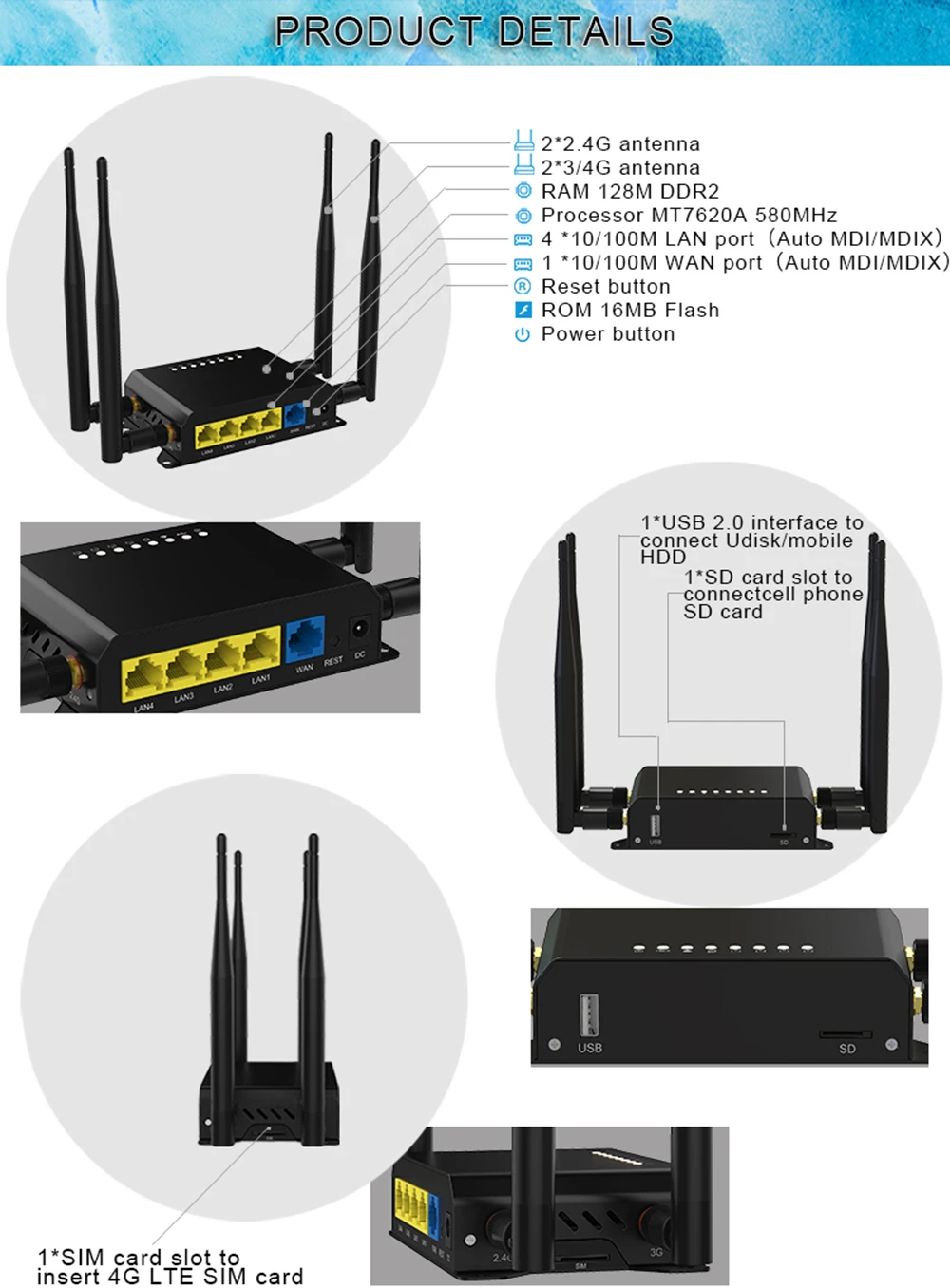 Wi-Fi роутер 4g lte со слотом для sim-карты поддержка B1 B3 B7 B20 для Европы USB модем маршрутизатор беспроводная точка доступа MT7620 чипсет
