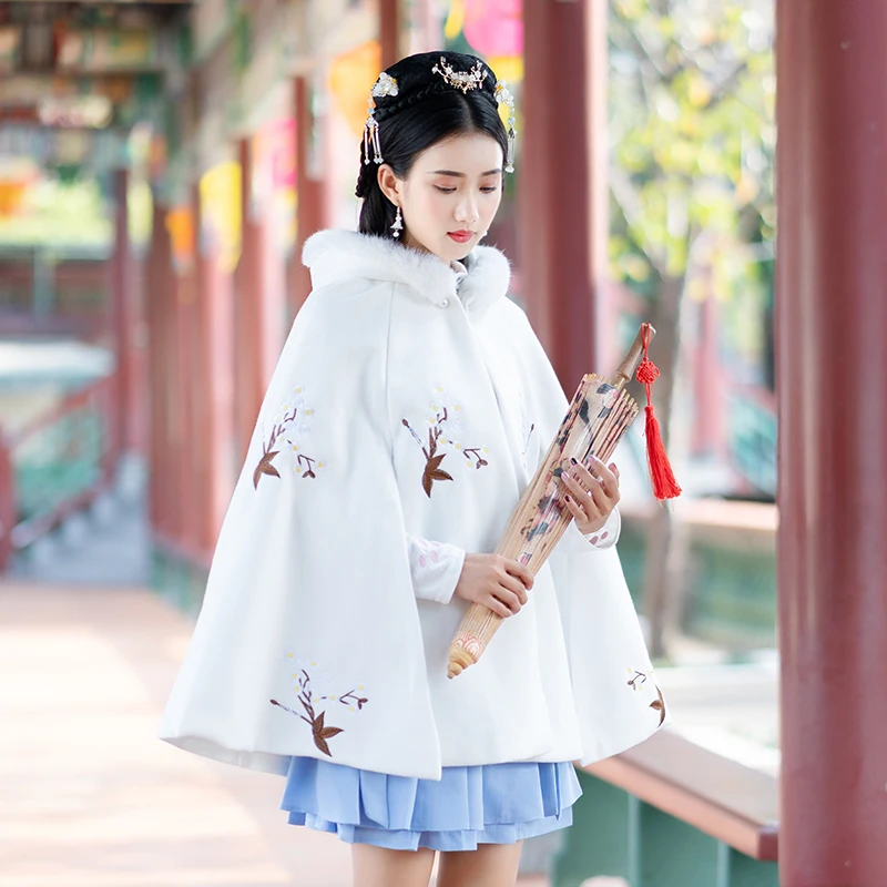 Новинка женское платье Hanfu женская зимняя белая накидка с вышивкой китайские